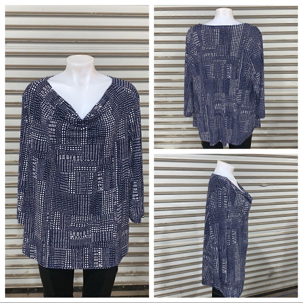 Liz Claiborne Woman blue and white draped neck top